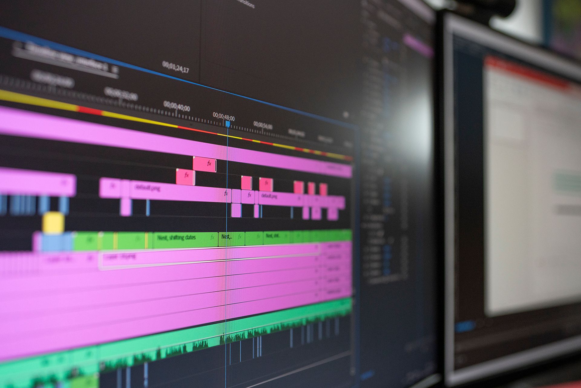 Close-up of a video editing timeline with magenta and green clips