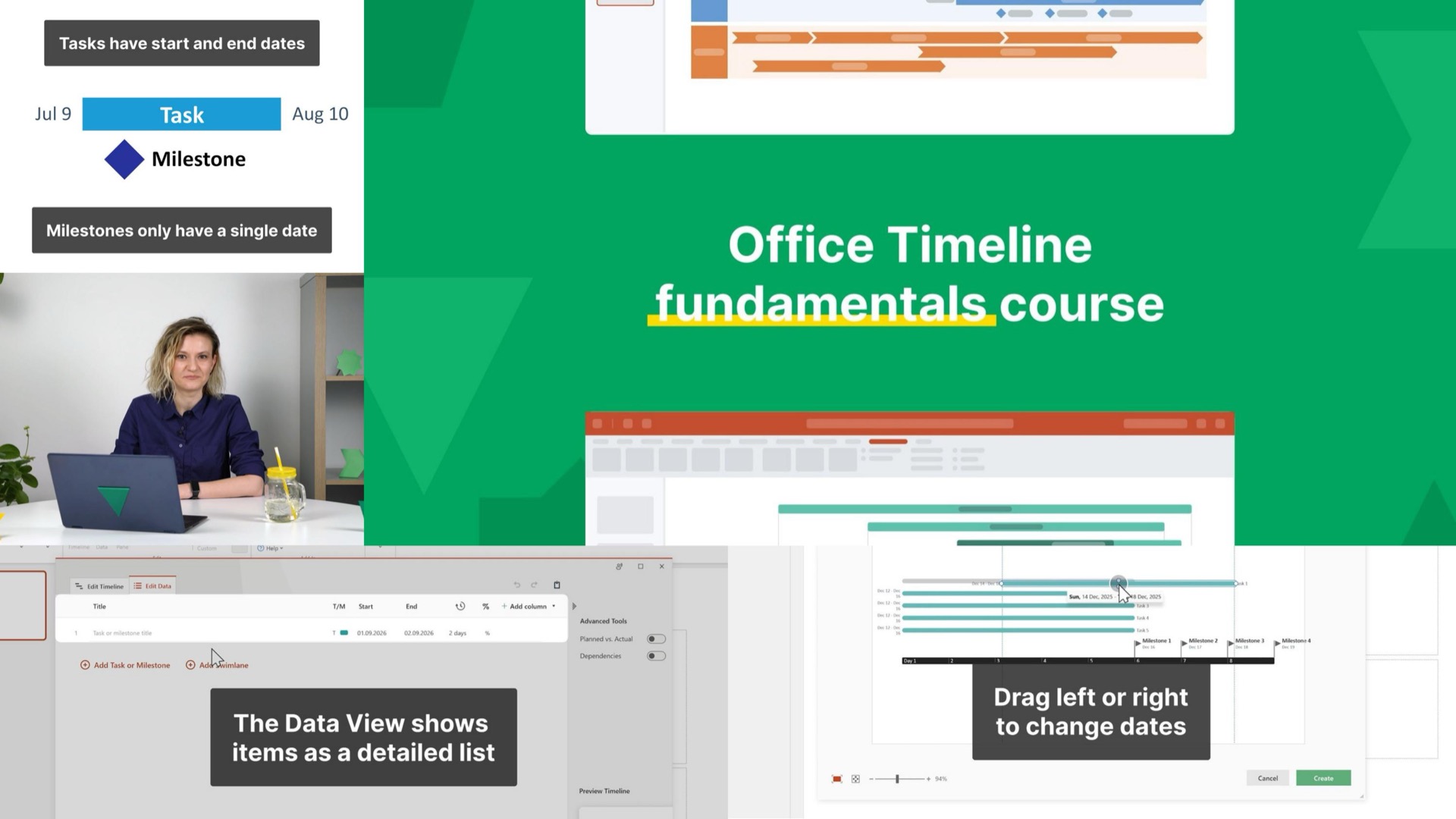 Collage of course video frames: task and milestone definitions, on-camera host Diana Niculaes, the 'Office Timeline fundamentals course' title card, and the timeline editor's data view