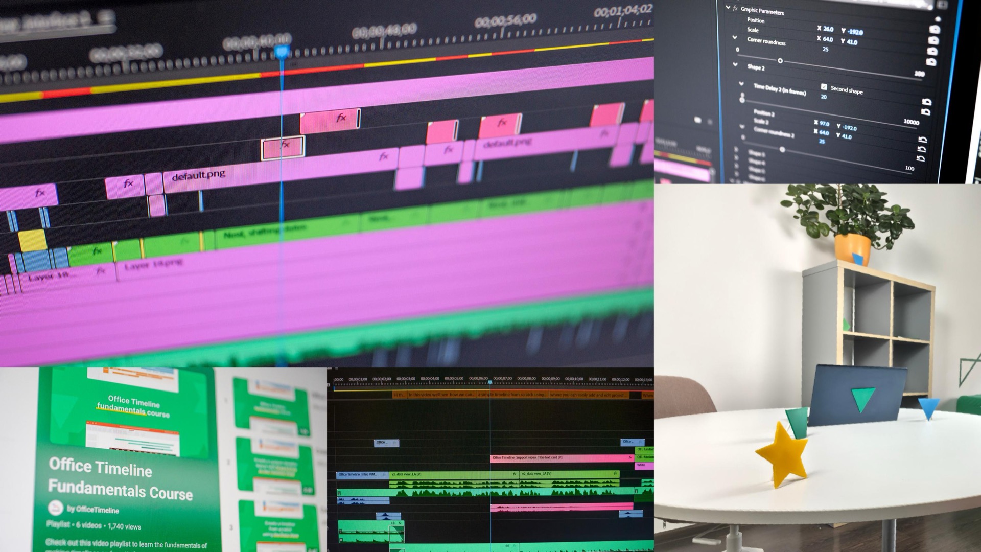 Collage of the production pipeline: the video editing timeline, After Effects graphic parameters, the live-action studio set, and the 'Office Timeline Fundamentals Course' YouTube playlist