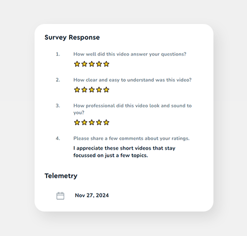 Survey response card with five-star ratings for the video course