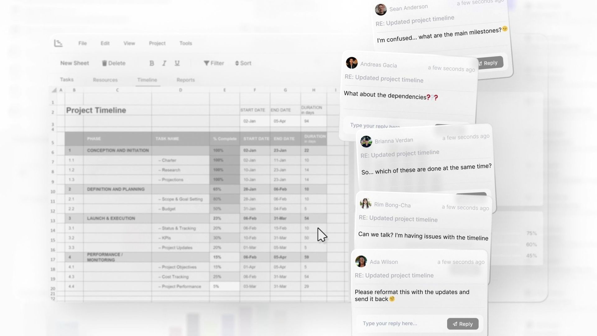 Blurred comment thread with replies to 'RE: Updated project timeline'