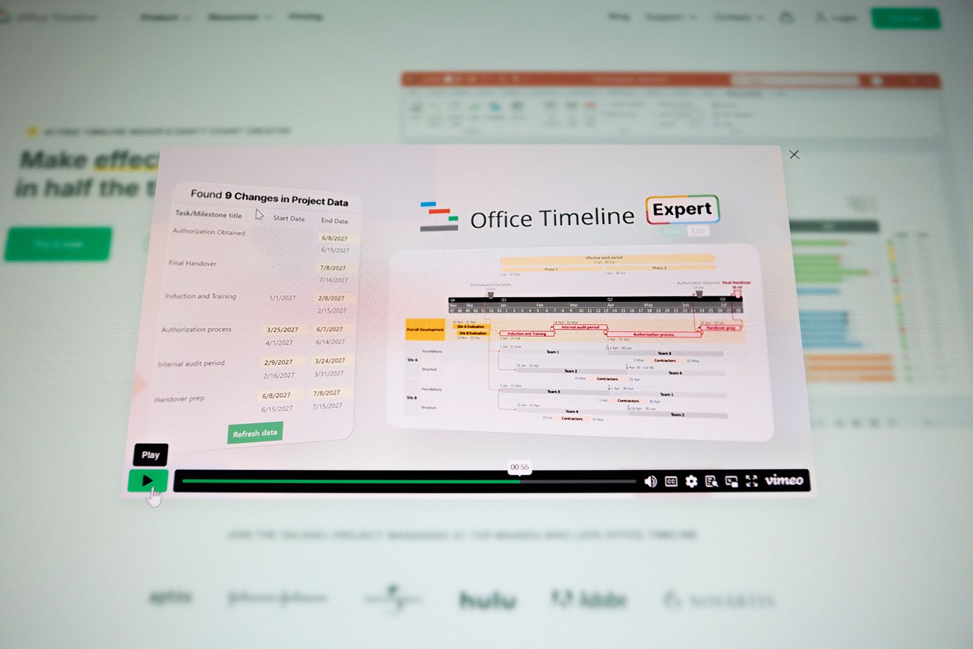 Office Timeline Expert screen showing 'Found 9 Changes in Project Data' next to a Gantt chart
