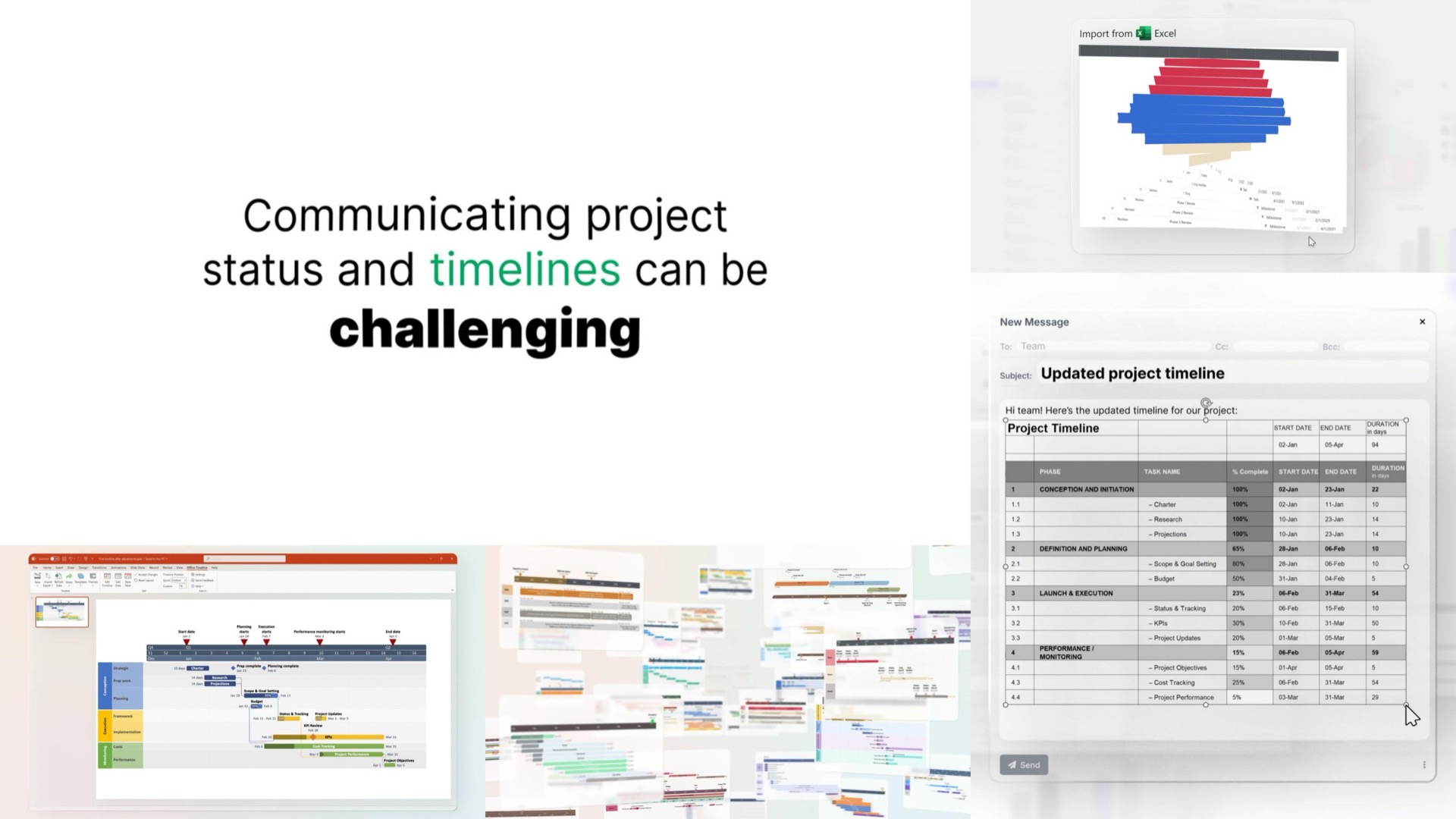 Collage of frames from the final explainer video: 'Communicating project status and timelines can be challenging', Excel import, and a project timeline email