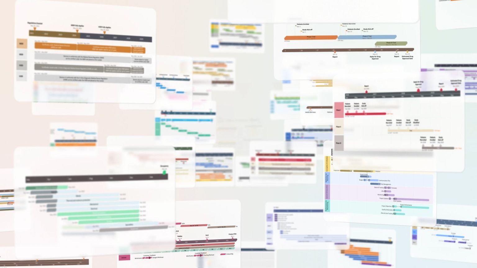 Blurred collage of colorful project roadmaps and Gantt charts