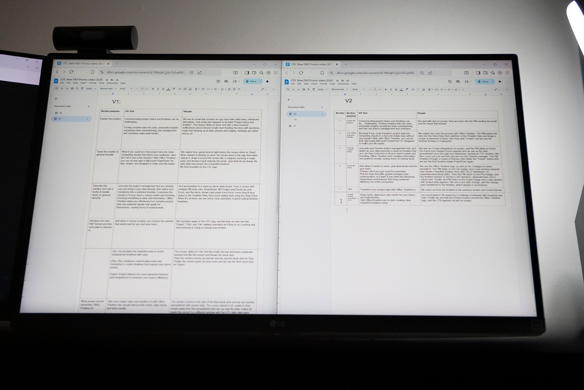 V1 and V2 script documents side by side, comparing broad first draft to focused final version