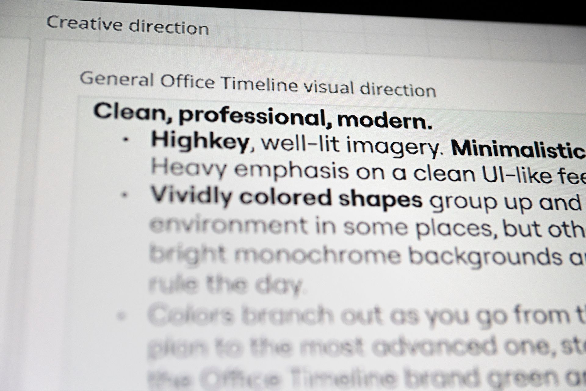 Blurred document titled 'General Office Timeline visual direction': clean, professional, modern