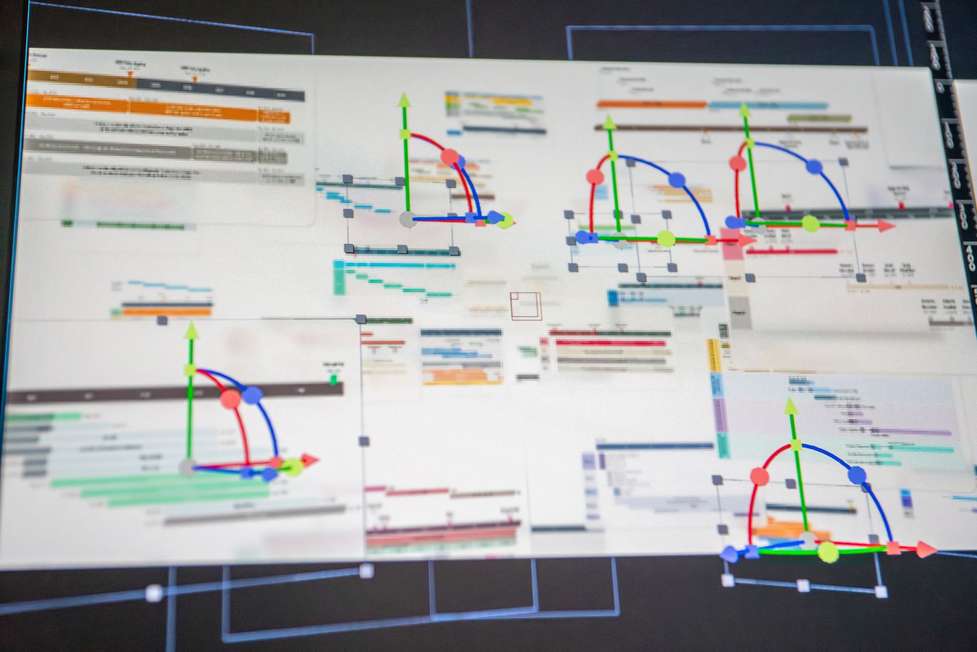 Animated wireframe rig with bezier motion curves and control points