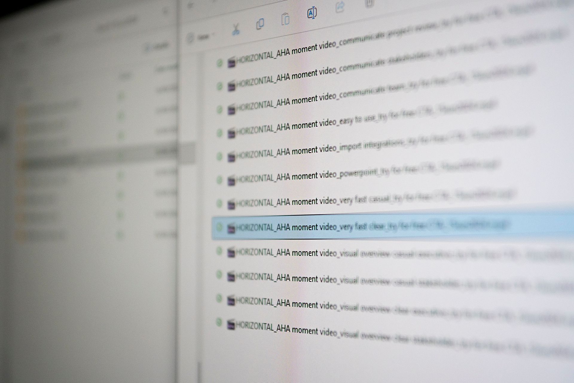 Editing timeline file list showing a series of 'HORIZONTAL_AHA moment video' ad variant files