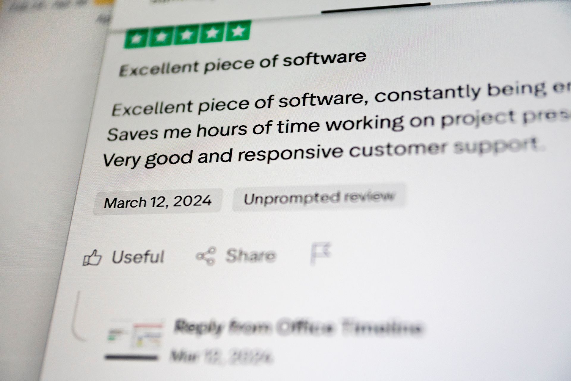 Five-star customer reviews of Office Timeline: 'Excellent piece of software', 'Saves me hours of time...'