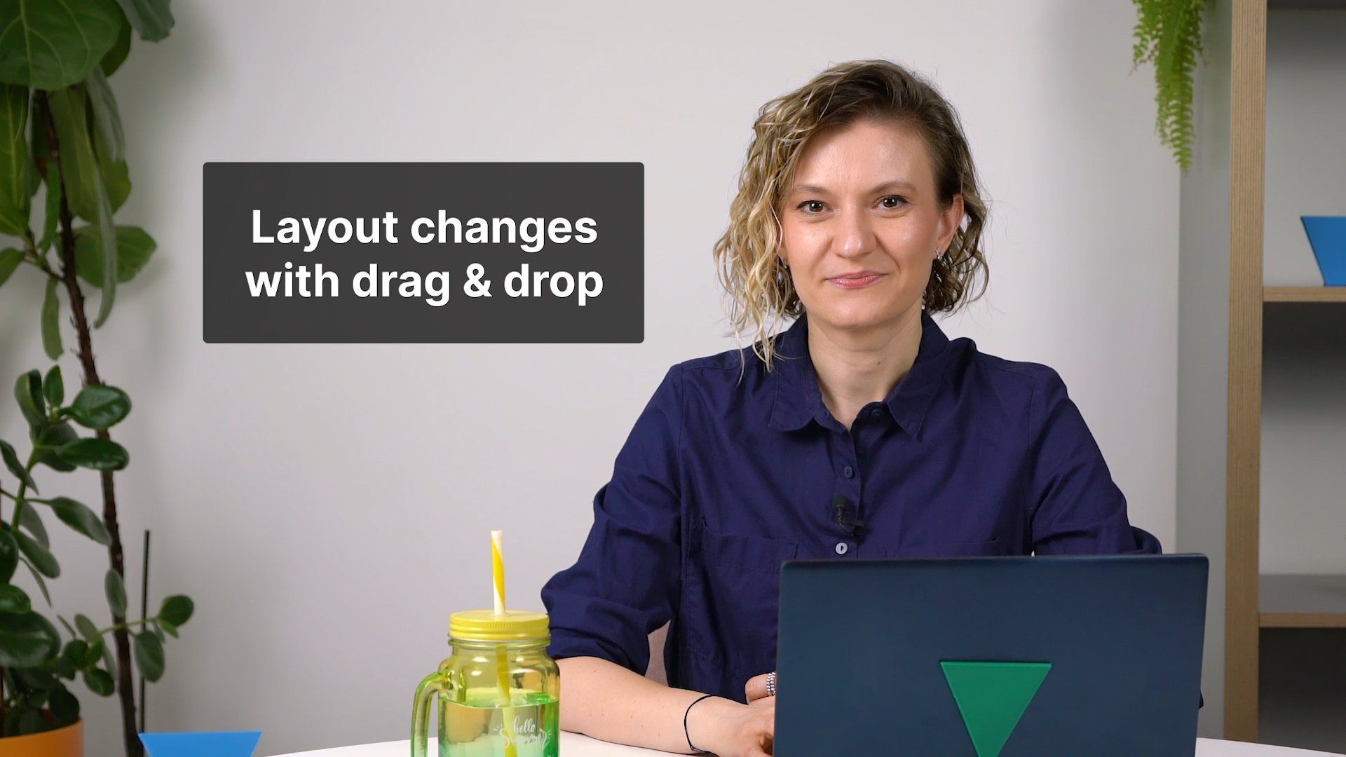 Office Timeline presenter on camera with a 'Layout changes with drag and drop' caption