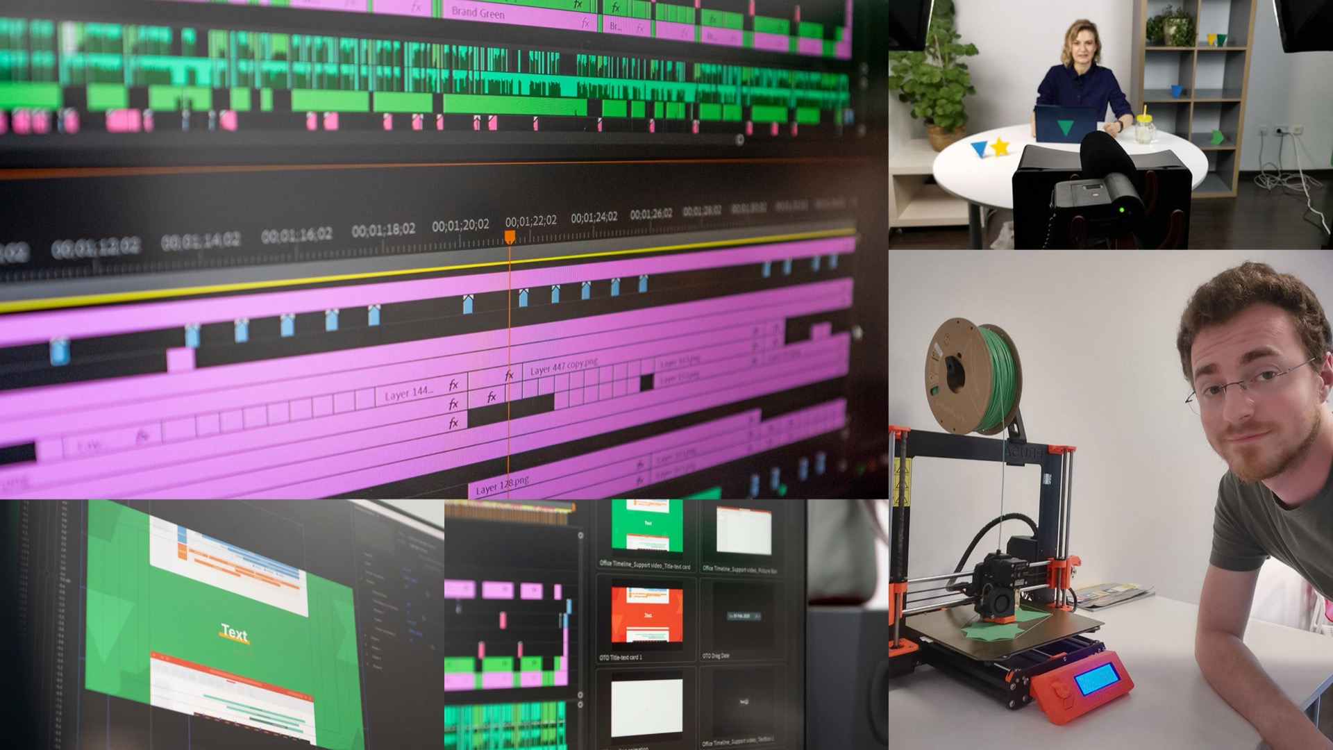 Collage of the live-action studio setup: video editing timeline, on-camera host presenting, and the 3D printer producing custom studio props