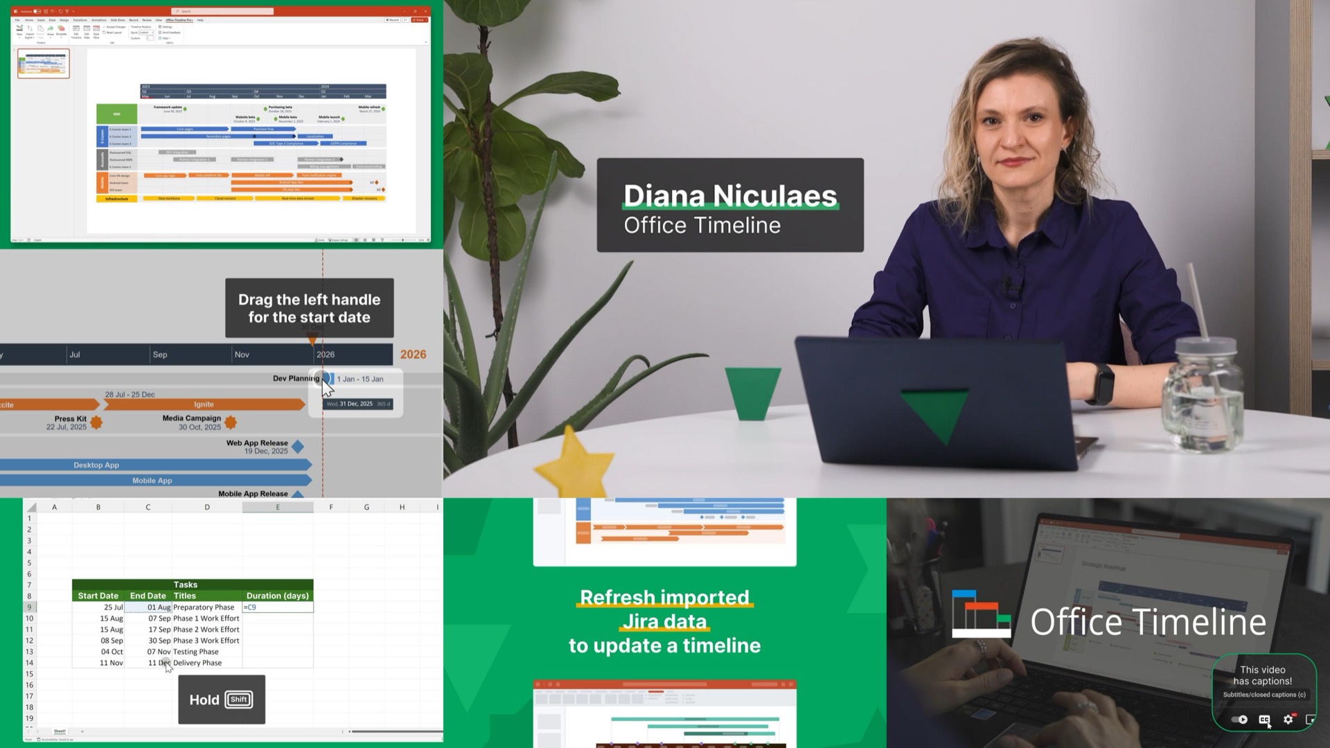 Collage of onboarding video frames: on-camera host Diana Niculaes, an Excel task table, a Jira data import slide, and a timeline drag-handle tutorial